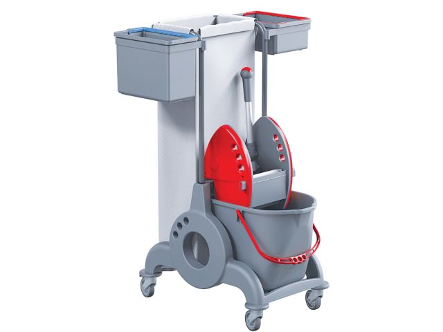 Wózek serwisowy do sprzątania,  MERIDA OPERA, wiadro 15 l, 1 wiaderko serwisowe 7 l, kuweta z uchwytem w kolorze czerwonym,  czerwona prasa, uchwyt na worek 90 l, worek z tworzywa sztucznego